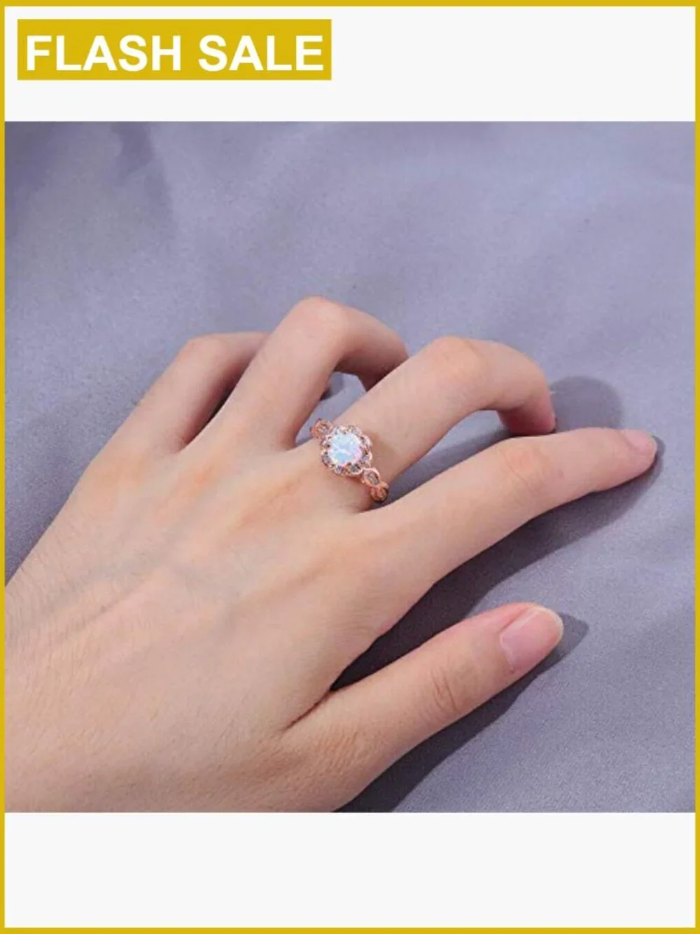 18K Gold Plated Opal Ring Band - White Fire Opal Amethyst Cubic Zirconia Size